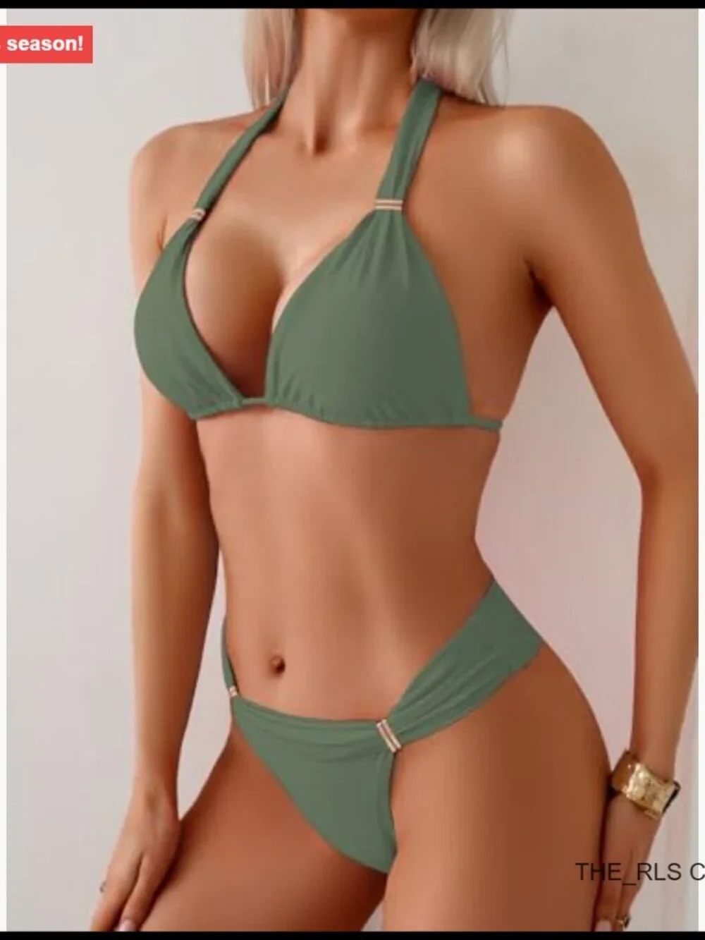 Triangle Ruched Bikini Set with Gold Plated Sliding Rings